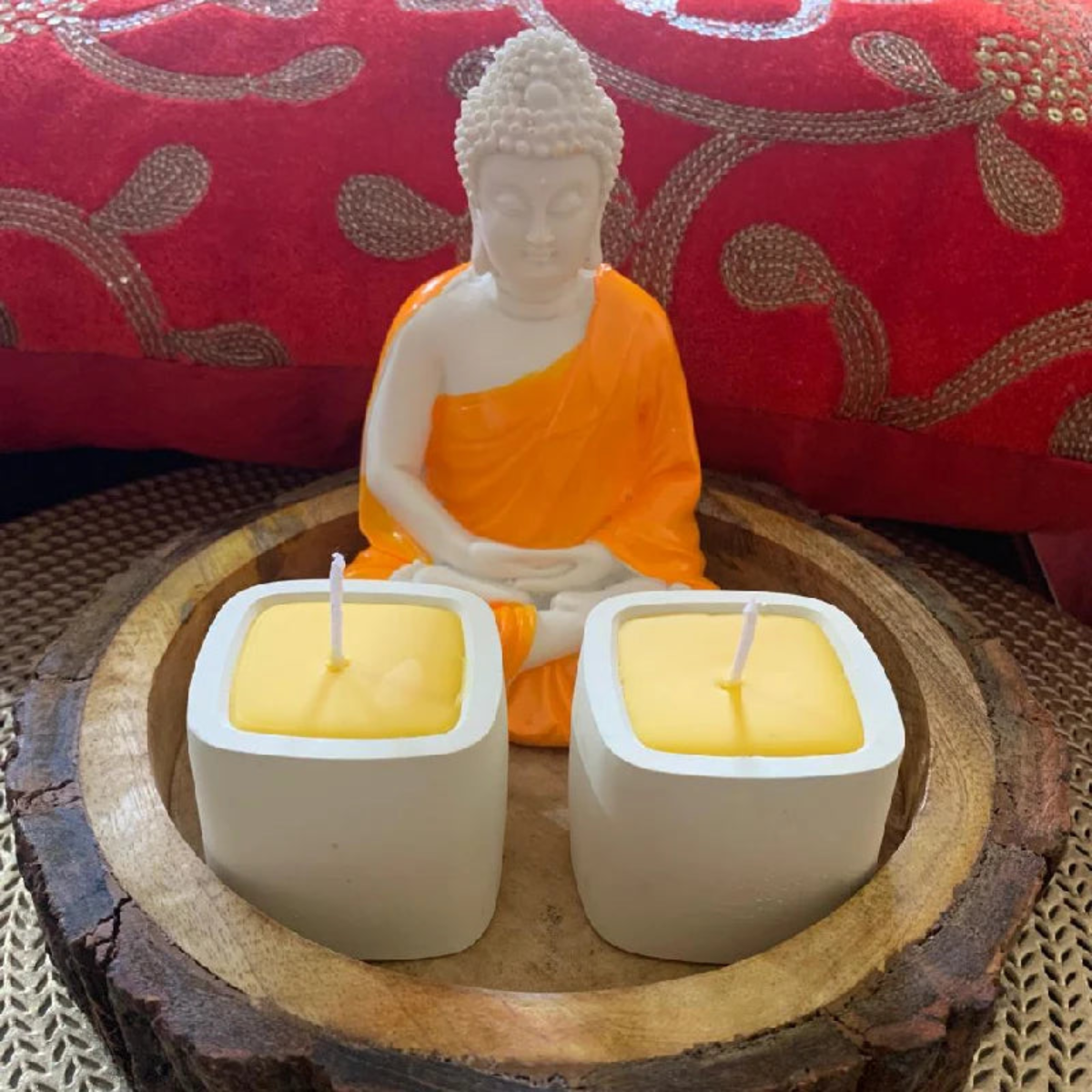 Concrete Buddhaji Scented Candle Wooden Base Orange