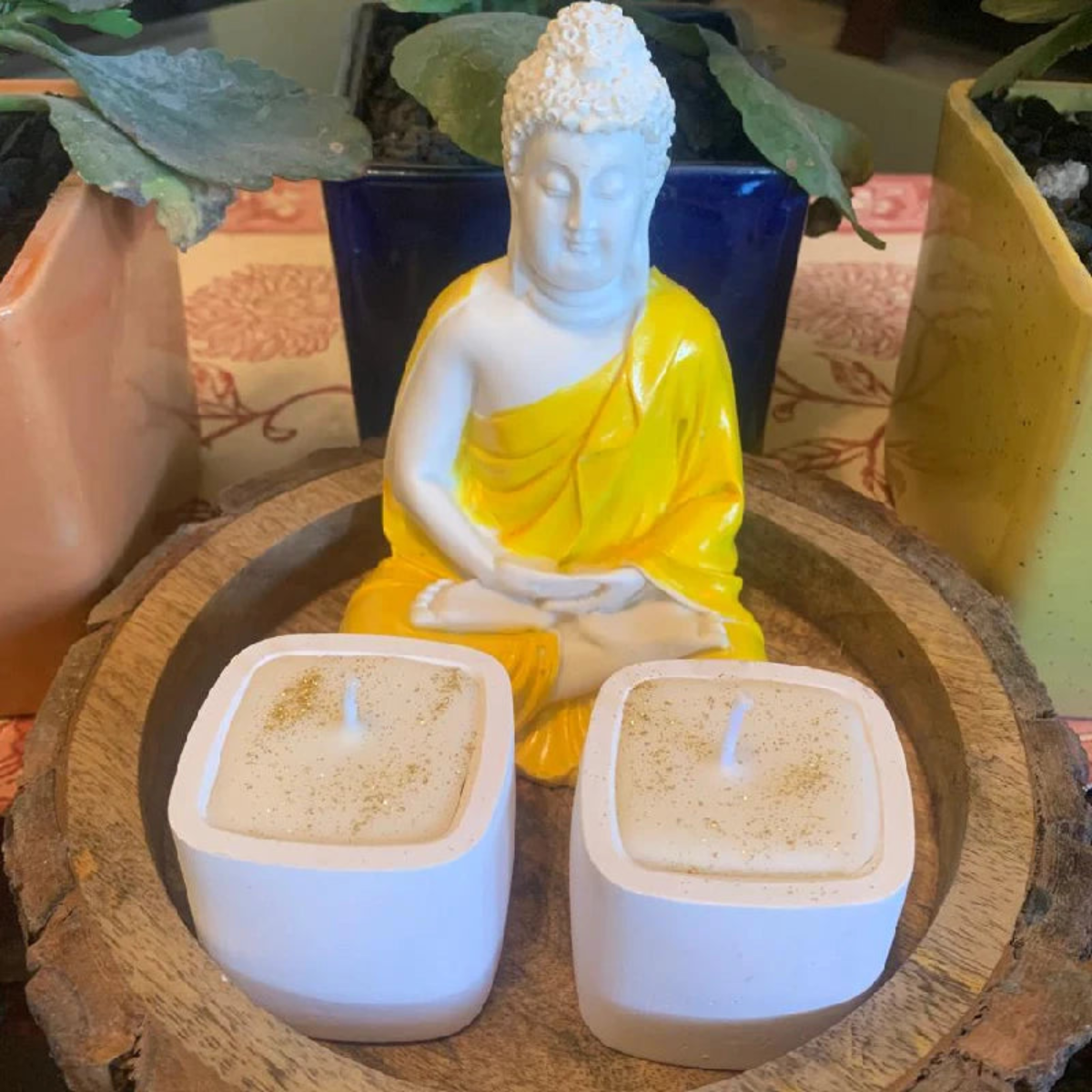 Concrete Buddhaji Scented Candle Wooden Base Yellow