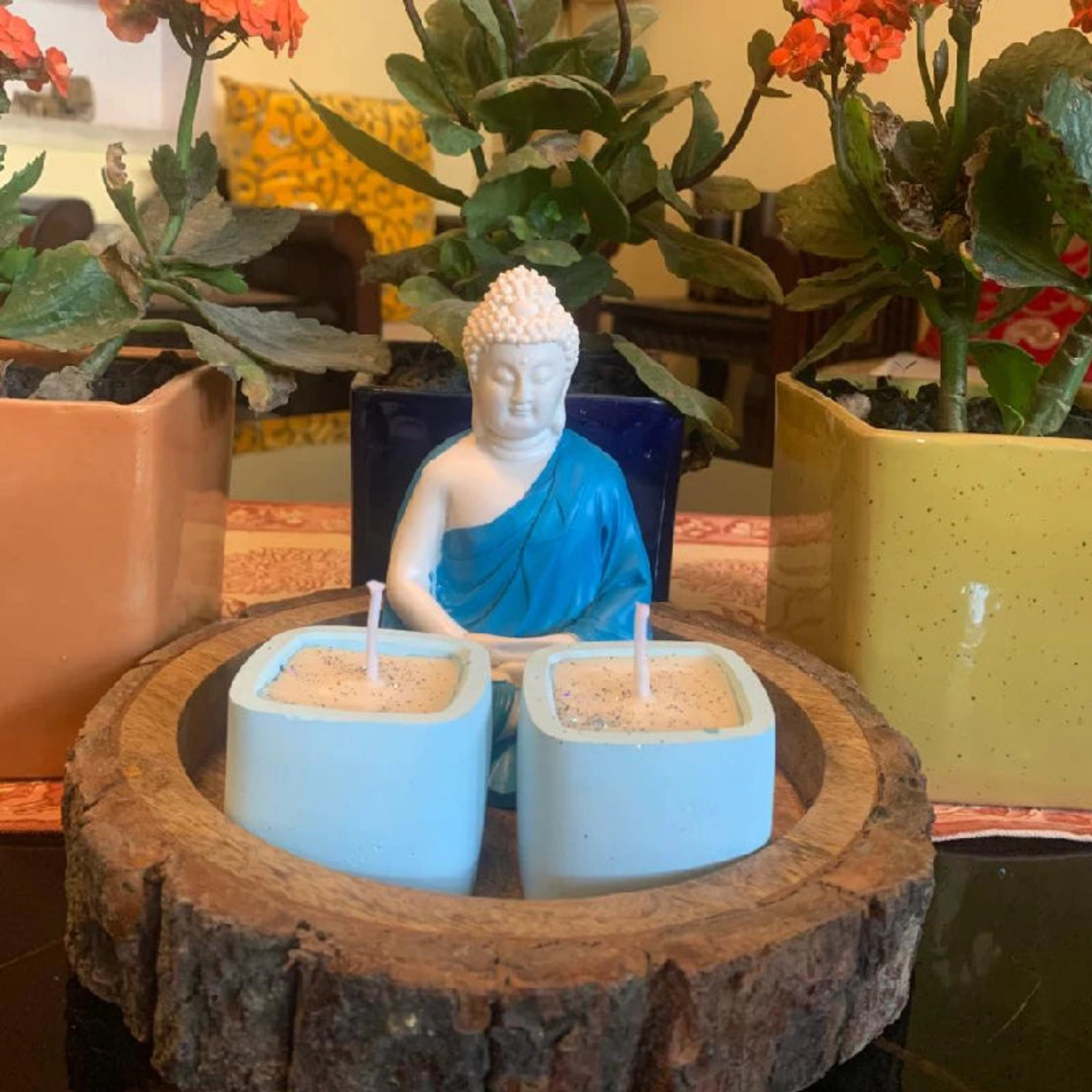 Concrete Buddhaji Scented Candle Wooden Base Blue