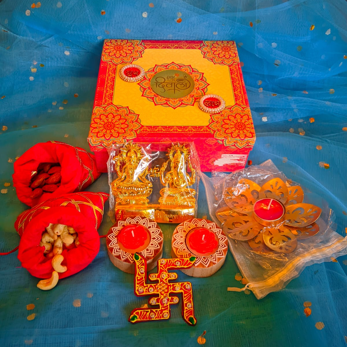 Diwali Gift Hamper with Designer Scented Candles, 2 packs of Dry Fruits, Metallic Idols1