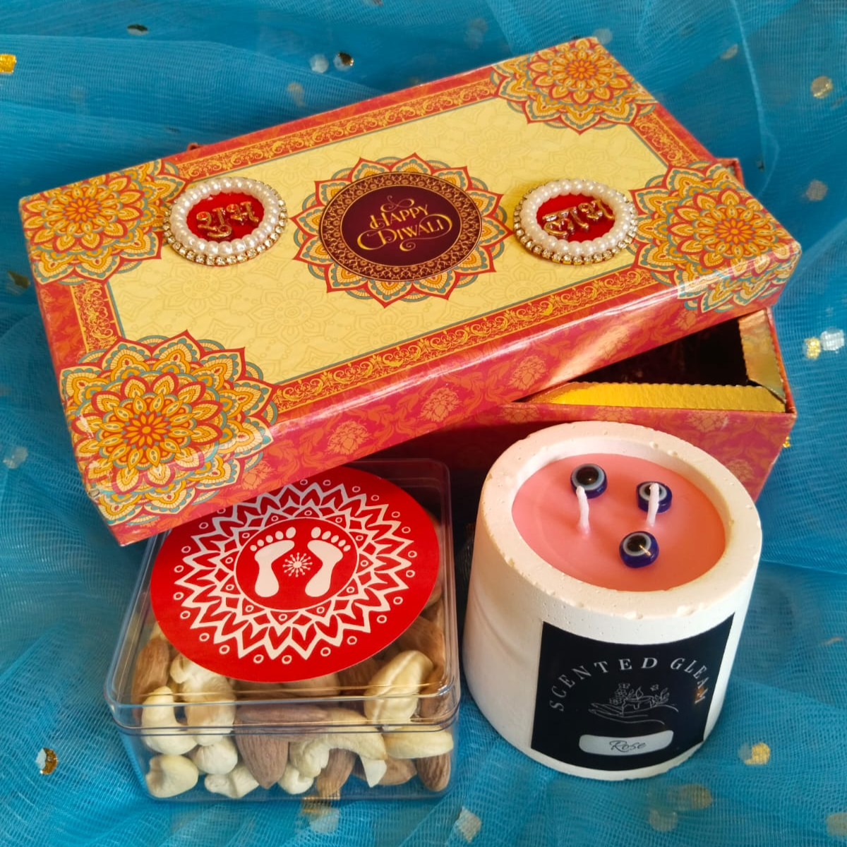Diwali Gift Hamper with Designer Scented Concrete Candle, pack of Dry Fruits4