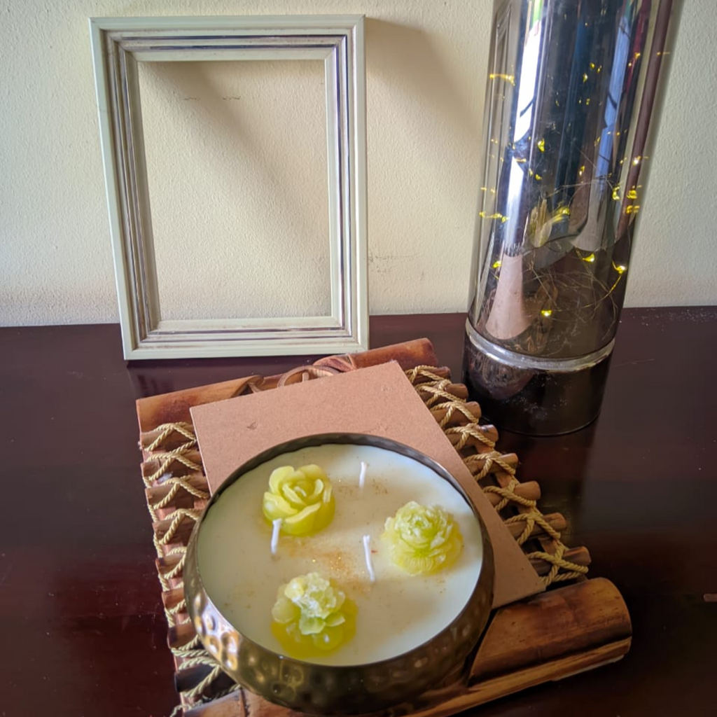 Metal Hammered Urli Scented Candle 5Inch Lemon