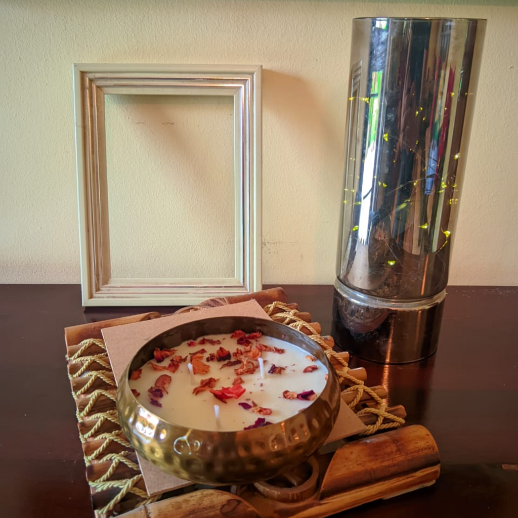 Metal Hammered Urli Scented Candle 5Inch Rose