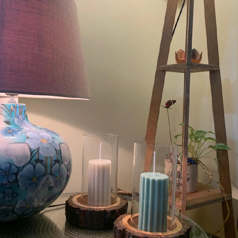 Designer Pillar Scented Candle with Glass Chimney & Wooden Base
