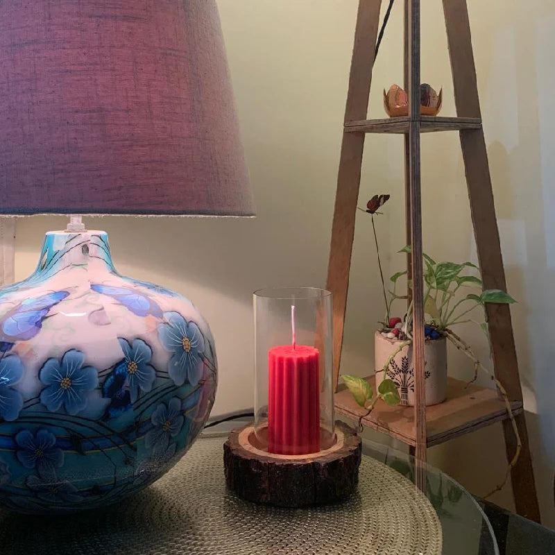 Designer Pillar Scented Candle with Glass Chimney & Wooden Base
