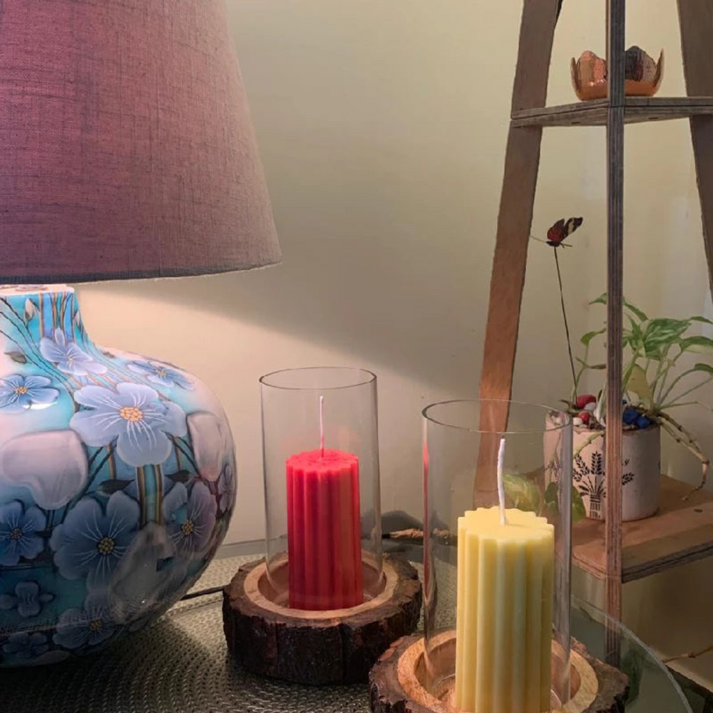 Scented Pillar Candle with Glass Chimney Wooden Base