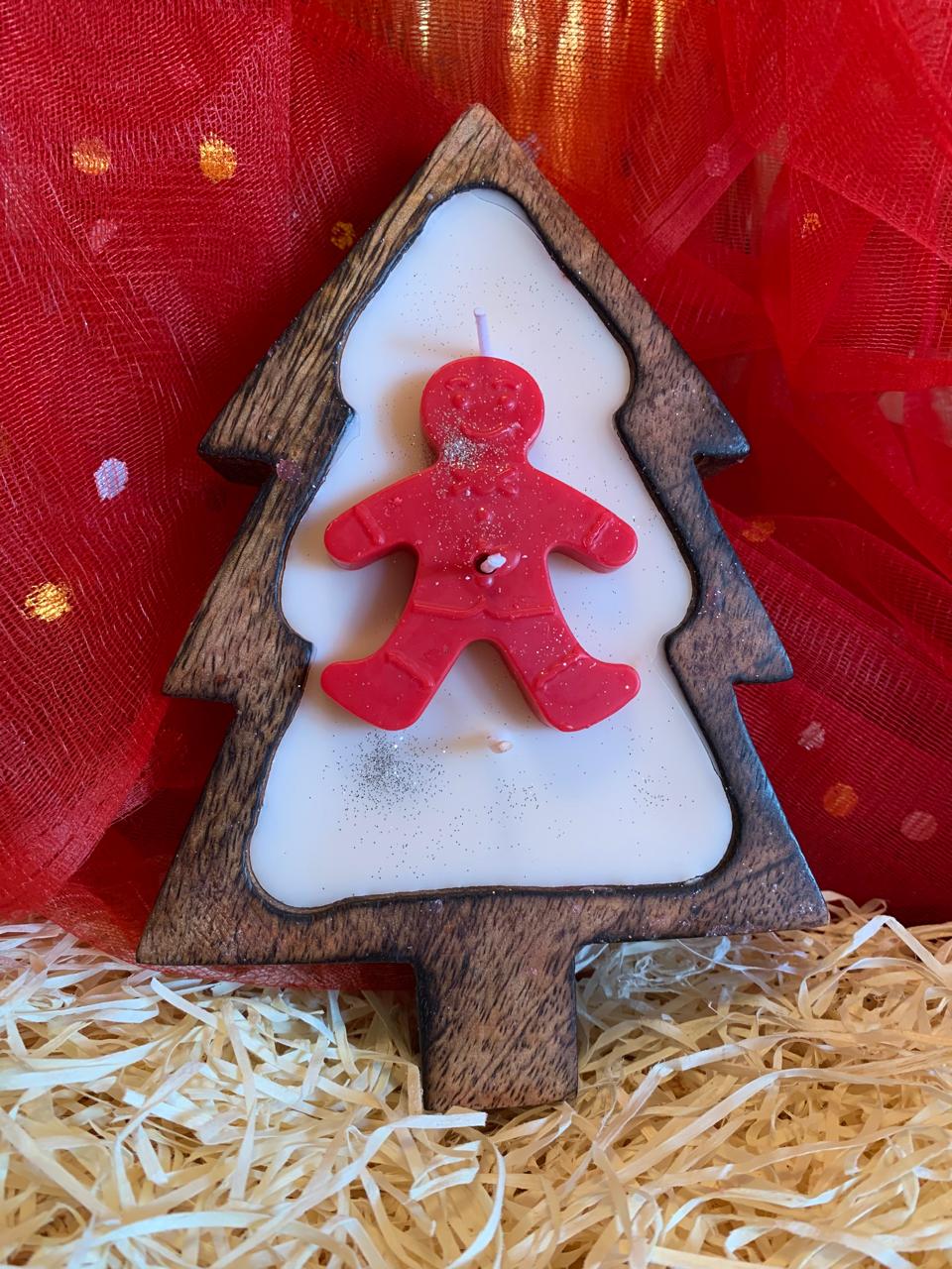 Wooden Christmas Tree Base Scented Candle with Santa Face, Santa Stocking, Gingerman - Pack of 1