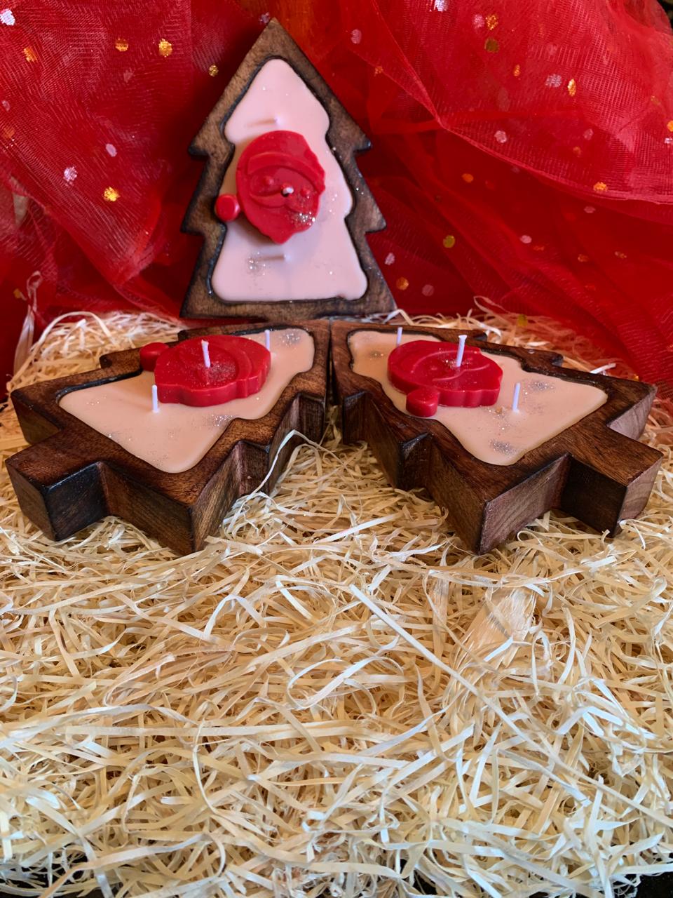 Wooden Christmas Tree Base Scented Candle with Santa Face, Santa Stocking, Gingerman - Pack of 1