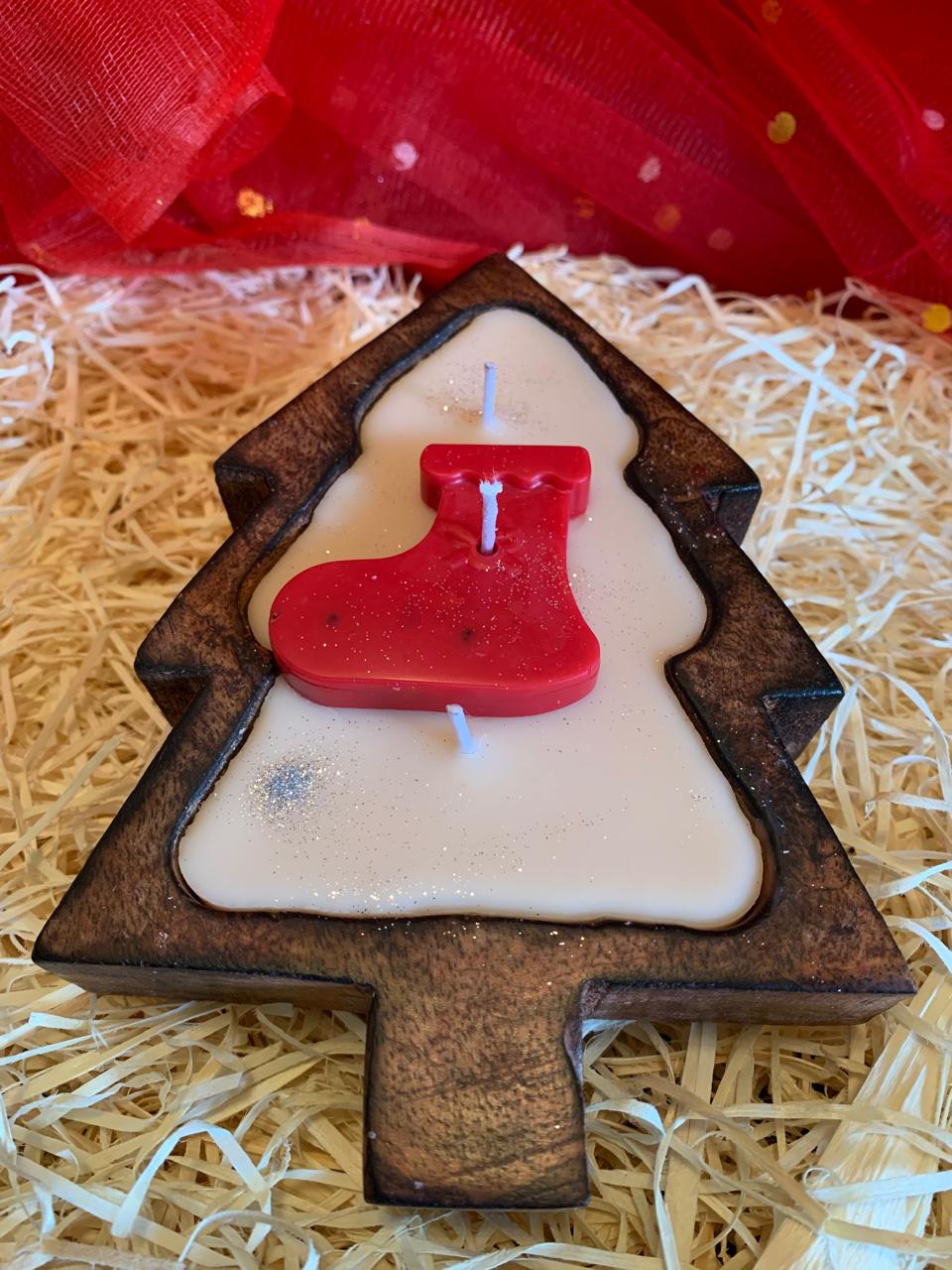 Wooden Christmas Tree Base Scented Candle with Santa Face, Santa Stocking, Gingerman - Pack of 1