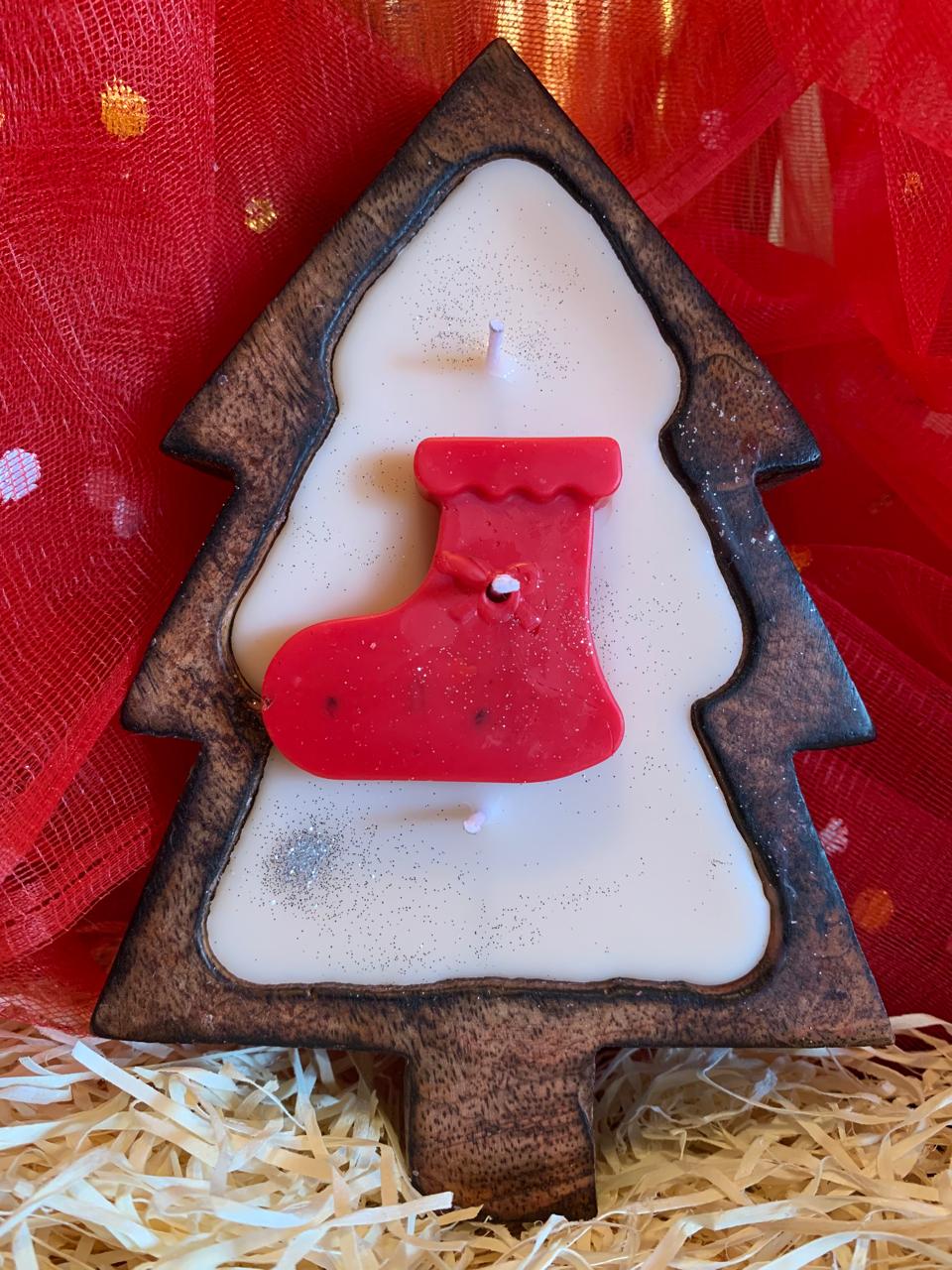 Wooden Christmas Tree Base Scented Candle with Santa Face, Santa Stocking, Gingerman - Pack of 1