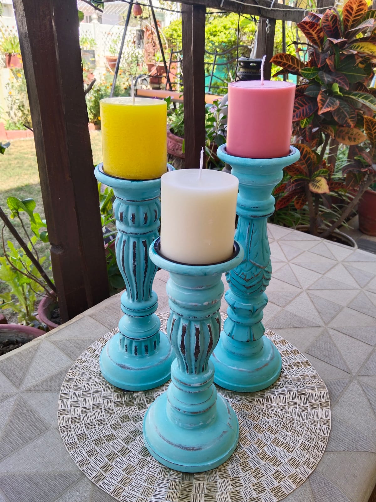 Wooden Designer Candle Holders (Small, Medium & Large) with Scented Pillar Candle, Pack of 3, Multiple Aroma & Colors