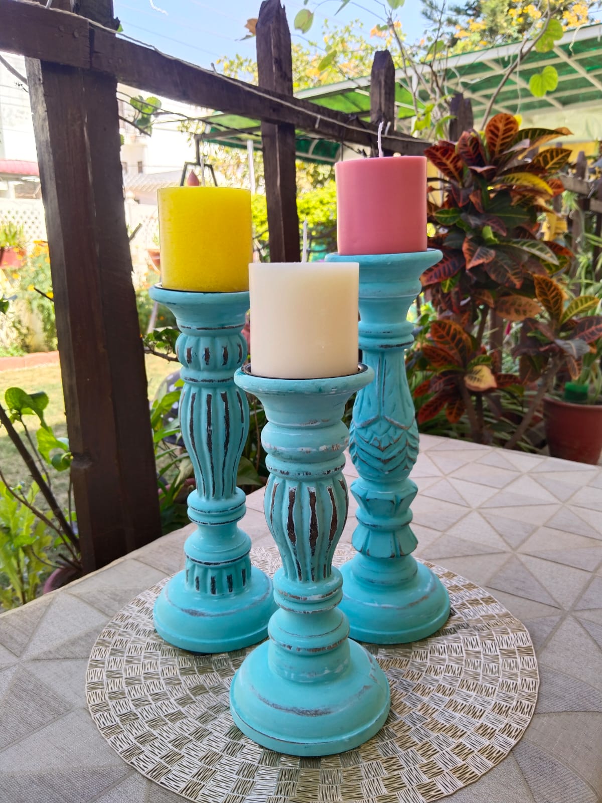 Wooden Designer Candle Holders (Small, Medium & Large) with Scented Pillar Candle, Pack of 3, Multiple Aroma & Colors