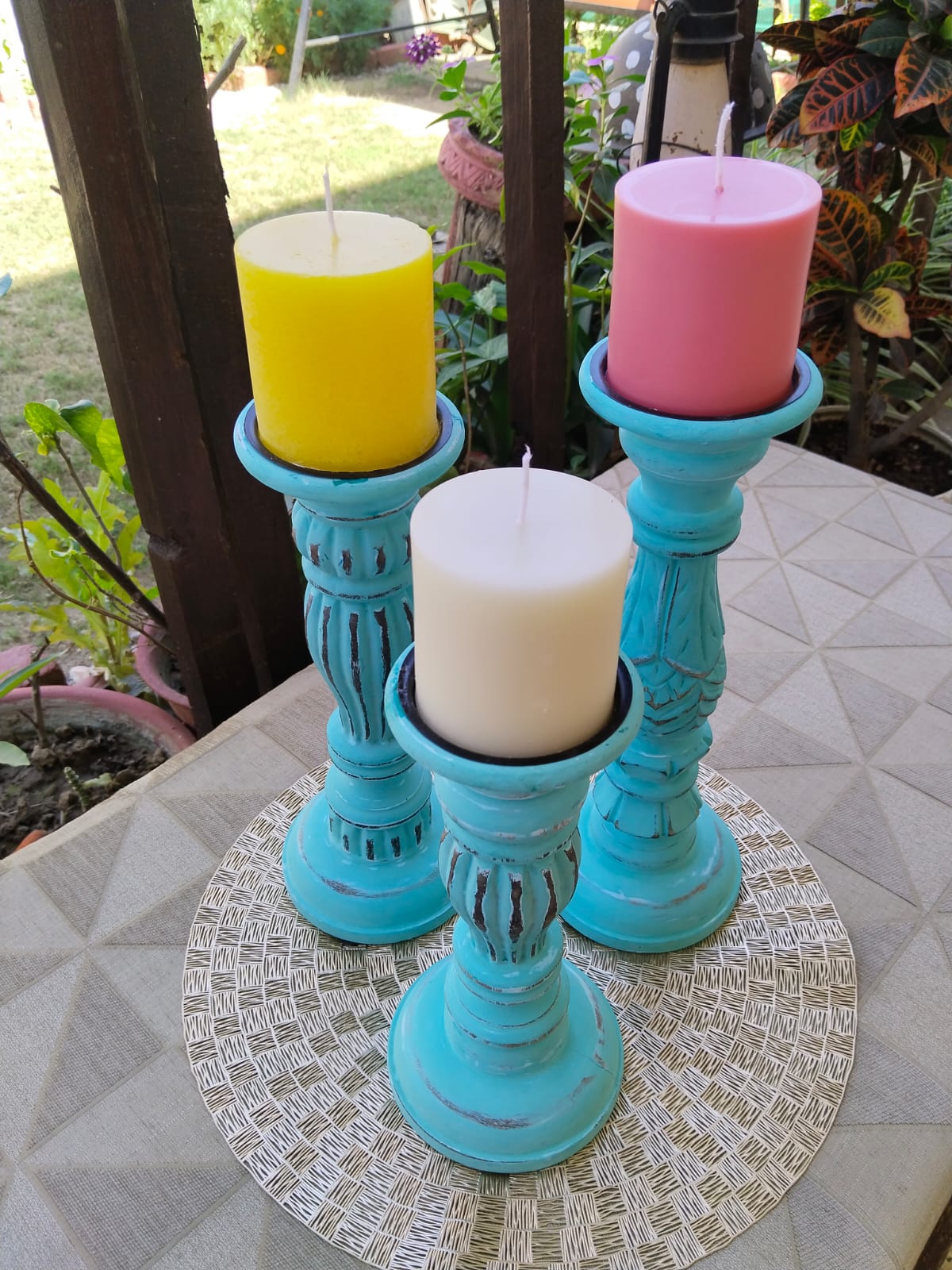 Wooden Designer Candle Holders (Small, Medium & Large) with Scented Pillar Candle, Pack of 3, Multiple Aroma & Colors