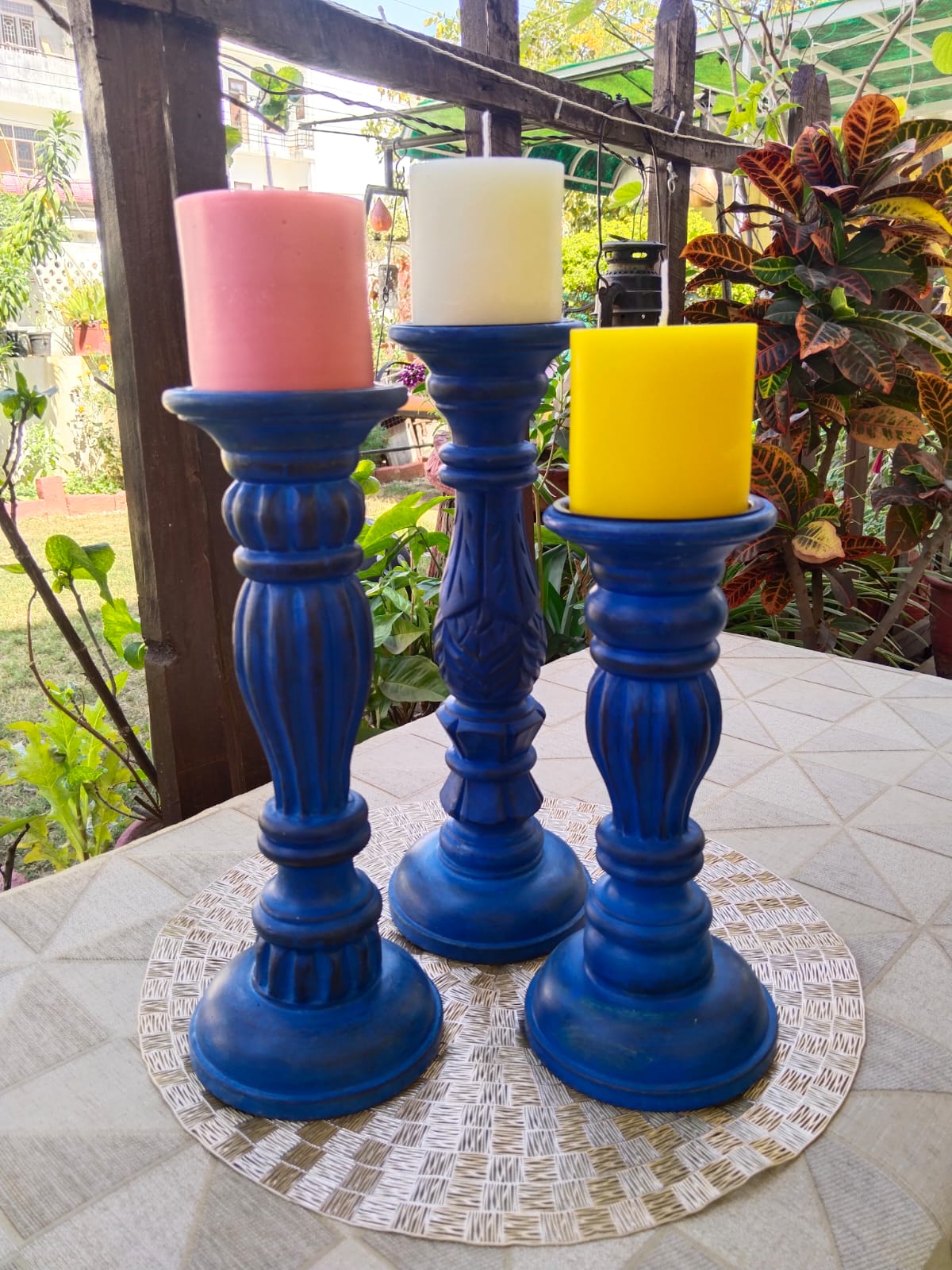 Wooden Designer Candle Holders (Small, Medium & Large) with Scented Pillar Candle, Pack of 3, Multiple Aroma & Colors