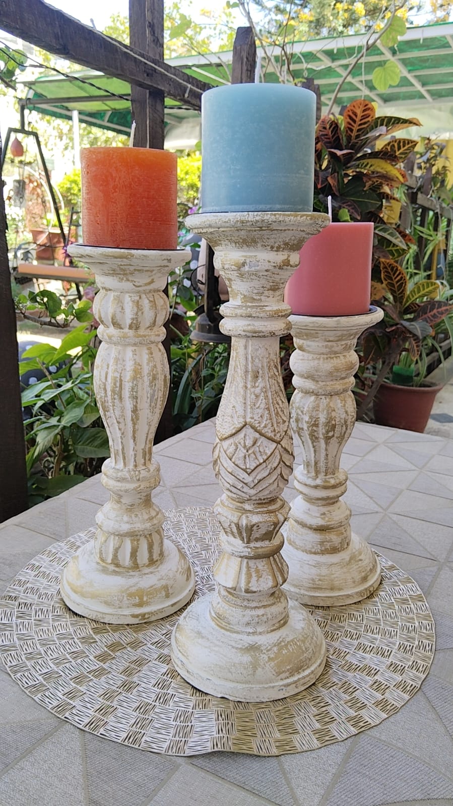 Wooden Designer Candle Holders (Small, Medium & Large) with Scented Pillar Candle, Pack of 3, Multiple Aroma & Colors