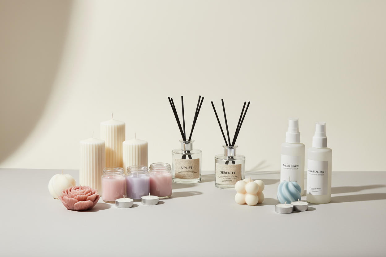 Collection of candles, diffusers, and bottles on a neutral background